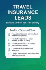 Exclusive Travel Insurance Leads in India with advanced filters – destination, travel purpose, trip duration, budget, and urgency of purchase.